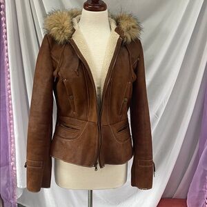 Guess Brown Leather Jacket with Faux Fur Hood